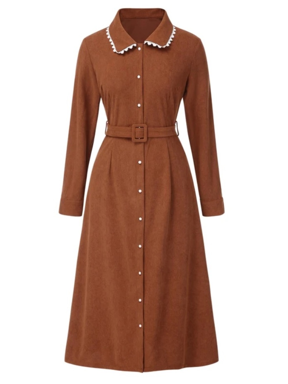Retro Stage Solid Lapel Belted Corduroy Midi Dress Lace Collar Cottagecore XL